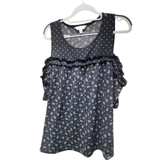 Lauren Conrad Women’s Blouse XL Black White Print Cold Shoulder Top - Picture 2 of 6